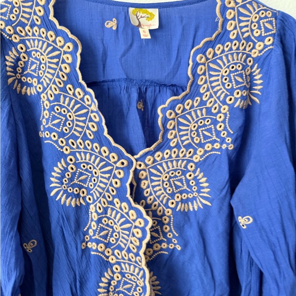 Fig & Flower Blue/Brown Embroidery 3/4 Sleeve Blouse Tunic Top Boho Sz Small - Picture 2 of 10